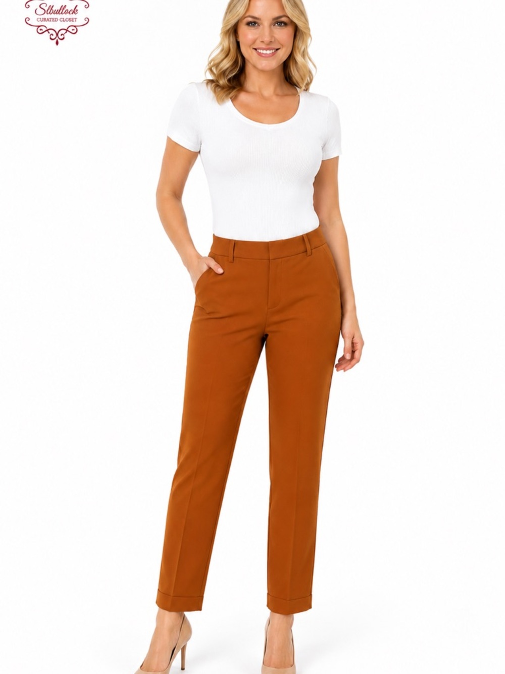 P14 Nine West Sz 10 Petite Rust Orange Straight Leg Trouser Slacks Front Pockets